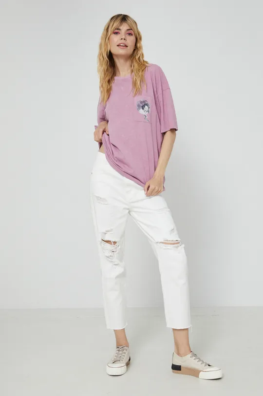 T-shirt bawełniany damski z kolekcji Kolaże by Hint of Time - Collage Studio różowy fiołkowo różowy