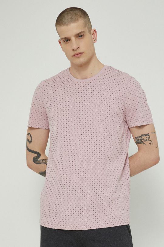 T-shirt bawełniany męski wzorzysty różowy pastelowy różowy