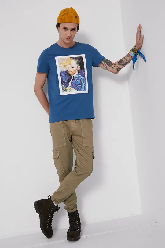 T-shirt z bawełny organicznej Eviva L'arte męski z nadrukiem niebieski niebieski