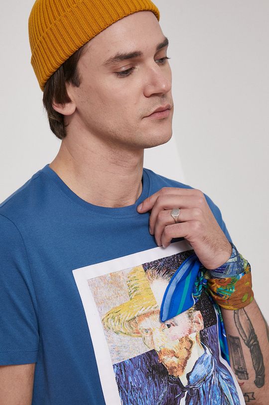 T-shirt z bawełny organicznej Eviva L'arte męski z nadrukiem niebieski Męski