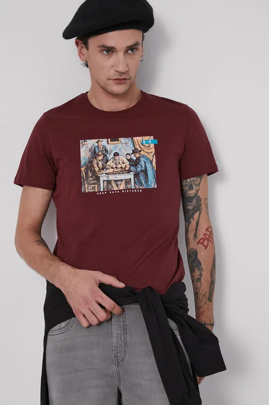 T-shirt bawełniany Eviva L'arte męski z nadrukiem bordowy mahoniowy