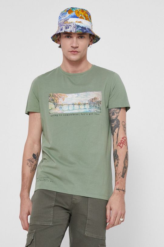 T-shirt bawełniany Eviva L'arte męski z nadrukiem zielony oliwkowy