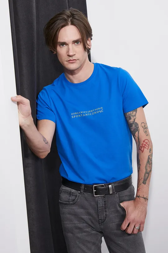 niebieski T-shirt bawełniany z nadrukiem niebieski Męski