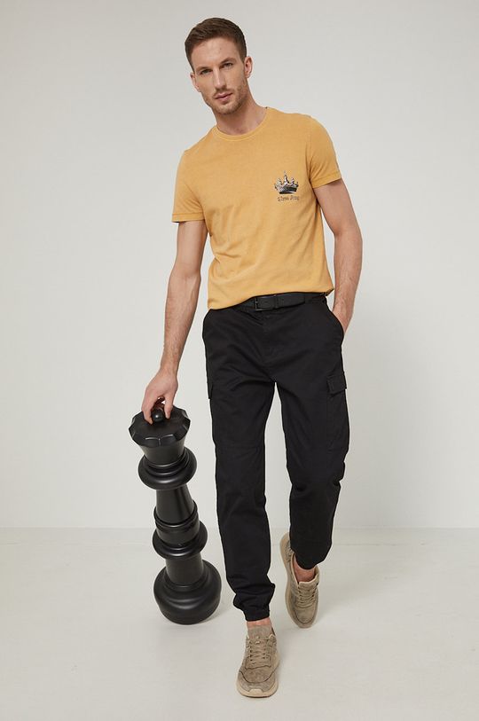 bursztynowy T-shirt męski bawełniany z nadrukiem żółty Męski