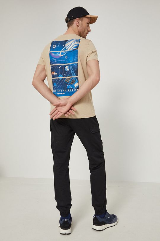 kremowy T-shirt męski z bawełny organicznej z nadrukiem beżowy Męski