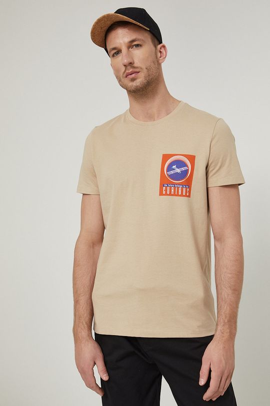 T-shirt męski z bawełny organicznej z nadrukiem beżowy kremowy