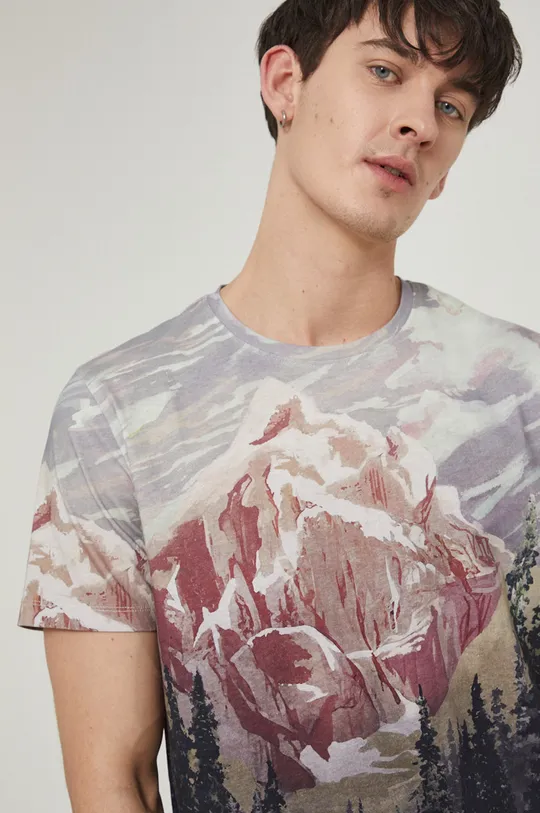 T-shirt bawełniany męski wzorzysty beżowy Męski