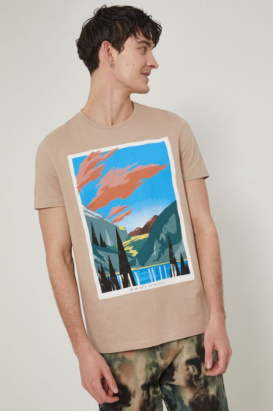 piaskowy T-shirt męski z bawełny organicznej z nadrukiem beżowy Męski