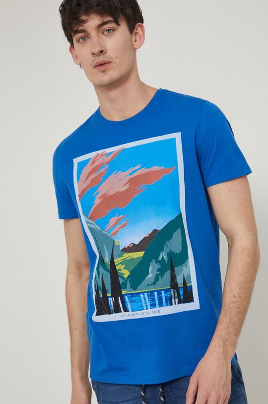 niebieski T-shirt męski z bawełny organicznej z nadrukiem niebieski