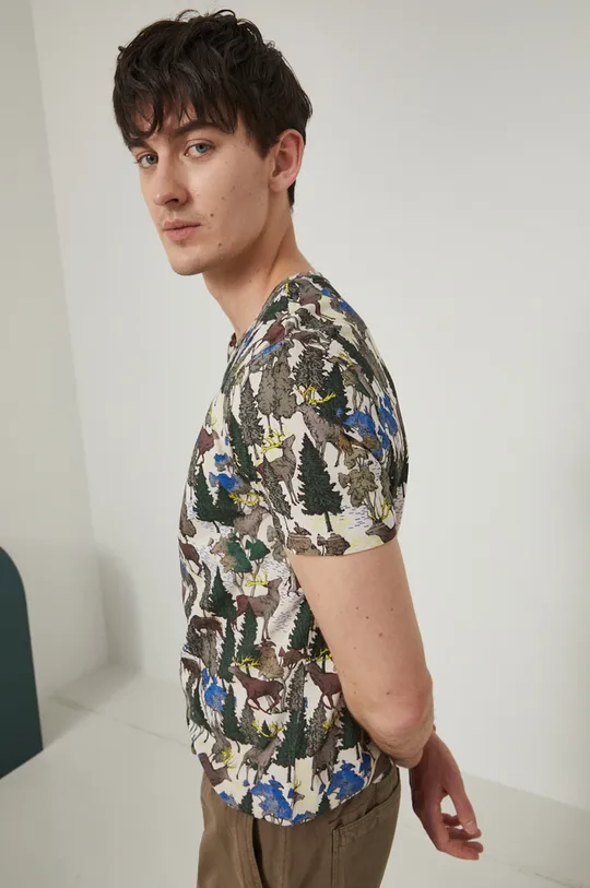 beżowy T-shirt bawełniany męski wzorzysty beżowy
