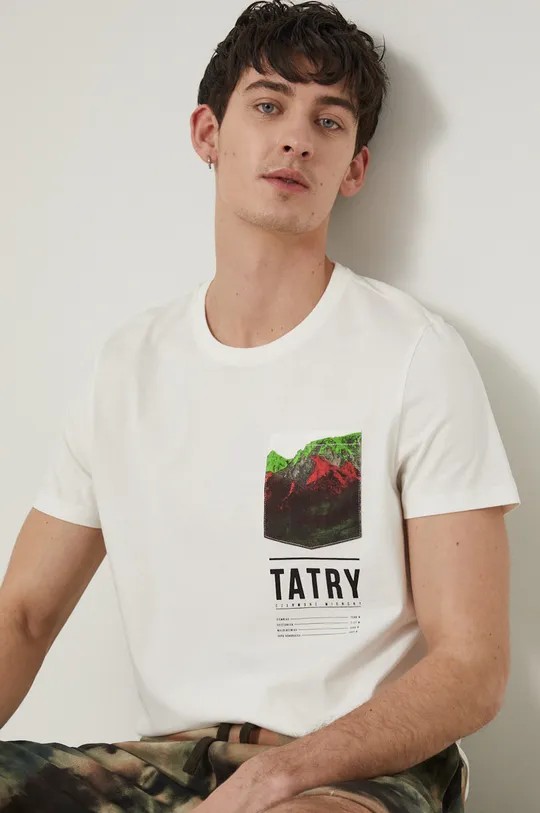 beżowy T-shirt męski z bawełny organicznej z nadrukiem beżowy Męski