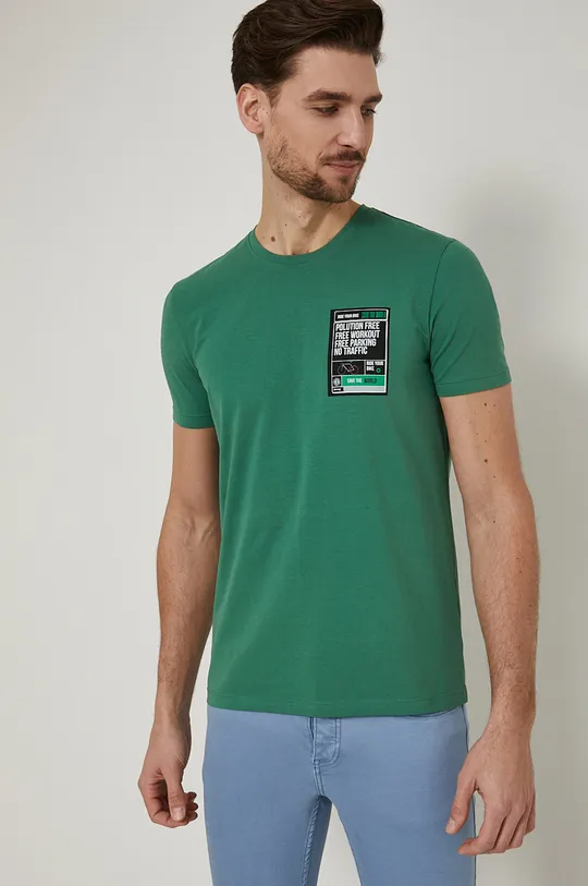 zielony T-shirt bawełniany męski z nadrukiem z domieszką elastanu zielony Męski