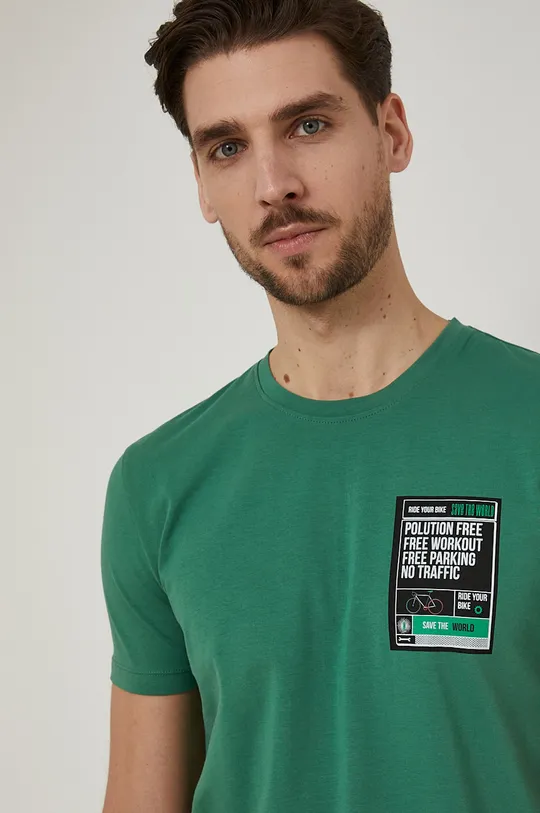 zielony T-shirt bawełniany męski z nadrukiem z domieszką elastanu zielony