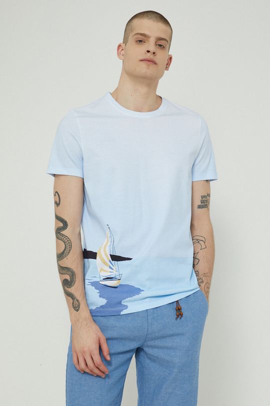 jasny niebieski T-shirt bawełniany męski wzorzysty niebieski Męski