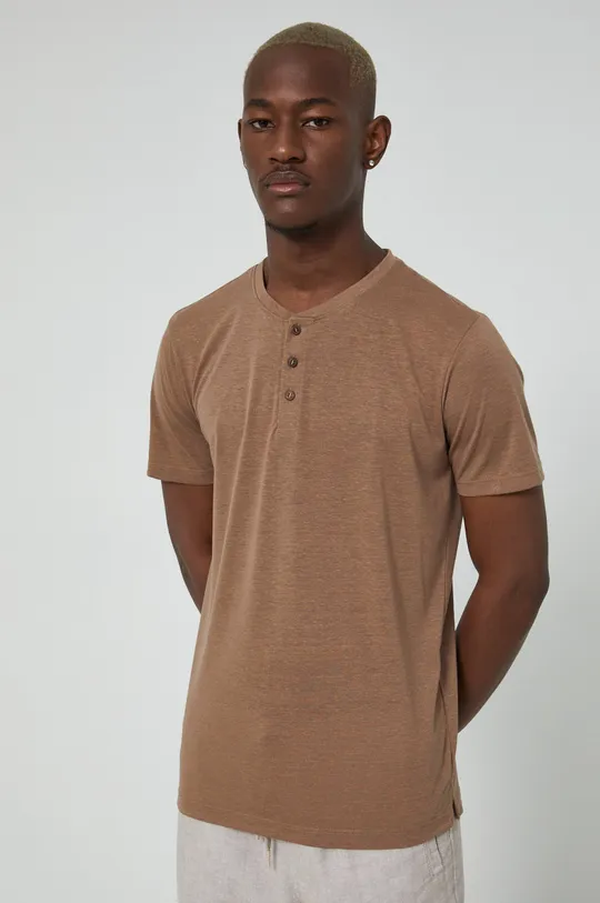 brązowy T-shirt lniany męski gładki beżowy