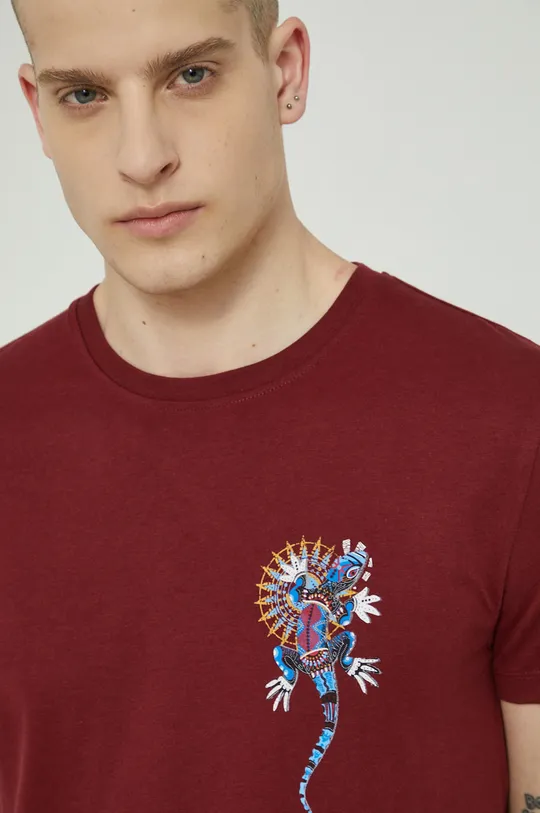 bordowy T-shirt  z bawełny organicznej męski z nadrukiem bordowy
