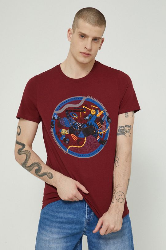 mahoniowy T-shirt z bawełny organicznej męski z nadrukiem bordowy Męski