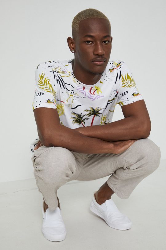 kremowy T-shirt z bawełny organicznej męski wzorzysty kremowy Męski