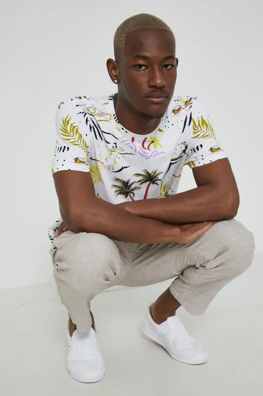 kremowy T-shirt z bawełny organicznej męski wzorzysty kremowy Męski