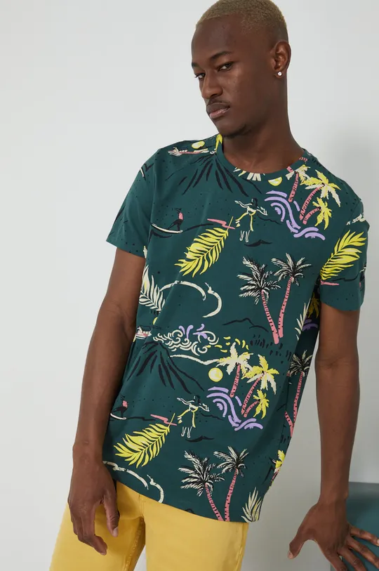 T-shirt z bawełny organicznej męski wzorzysty zielony cyraneczka