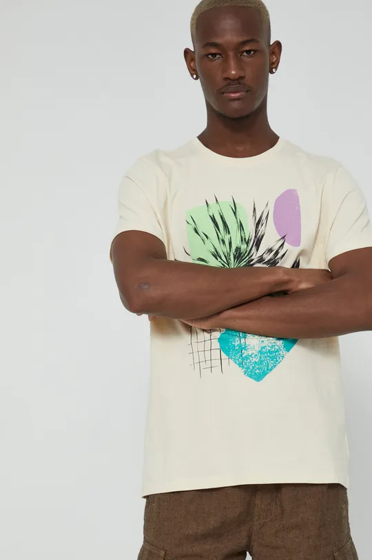 T-shirt z bawełny organicznej męski z nadrukiem beżowy kremowy