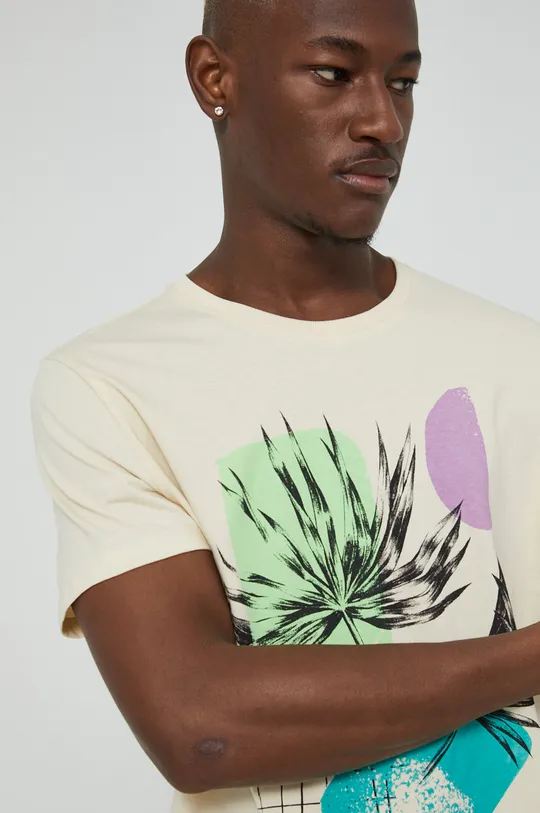 kremowy T-shirt z bawełny organicznej męski z nadrukiem beżowy