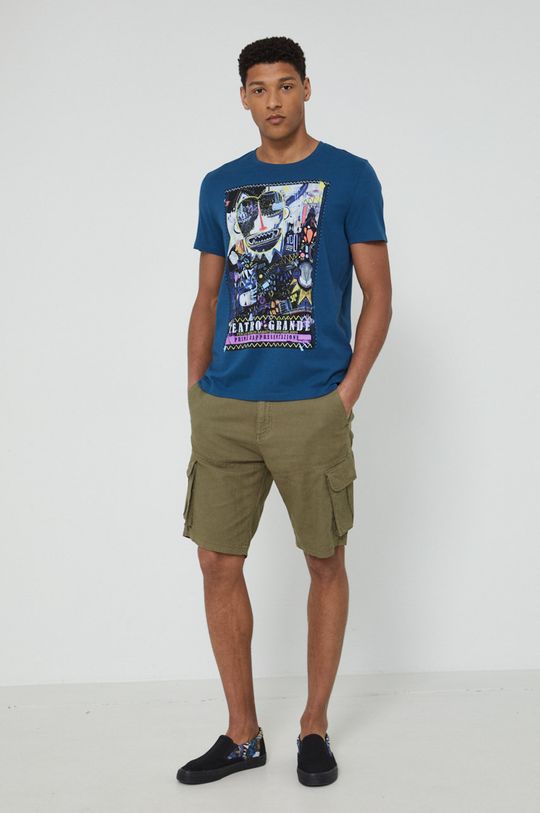 T-shirt bawełniany męski z nadrukiem niebieski stalowy niebieski