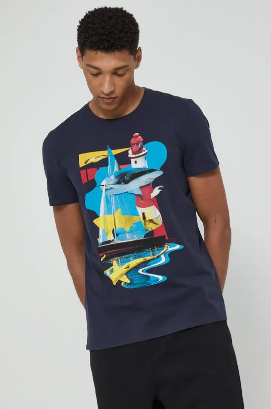 granatowy T-shirt bawełniany męski z kolekcji Kolaże by Panna Niebieska granatowy Męski