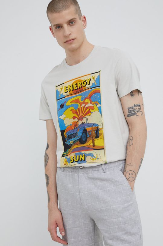 piaskowy T-shirt bawełniany męski z nadrukiem beżowy Męski