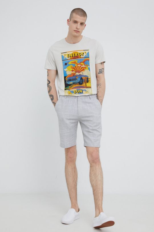 T-shirt bawełniany męski z nadrukiem beżowy piaskowy