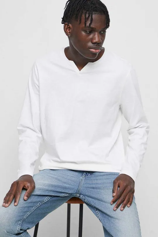 biela Bavlnené tričko s dlhým rukávom pánske biela farba