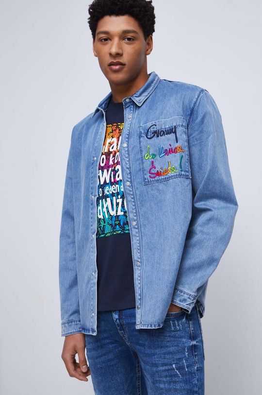 Koszula jeansowa męska z kolekcji WOŚP x Medicine kolor niebieski jasny niebieski