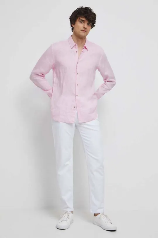 Koszula lniana męska z kołnierzykiem klasycznym kolor różowy 100 % Len
