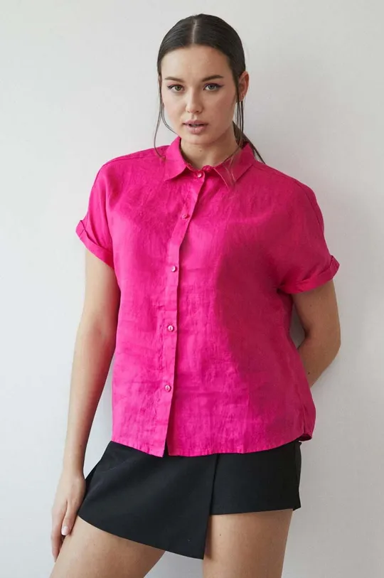 růžová Plátěná košile dámská růžová barva
