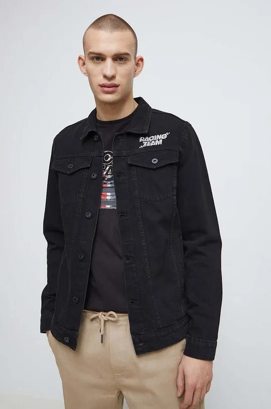 Kurtka jeansowa męska z nadrukiem kolor czarny 100 % Bawełna