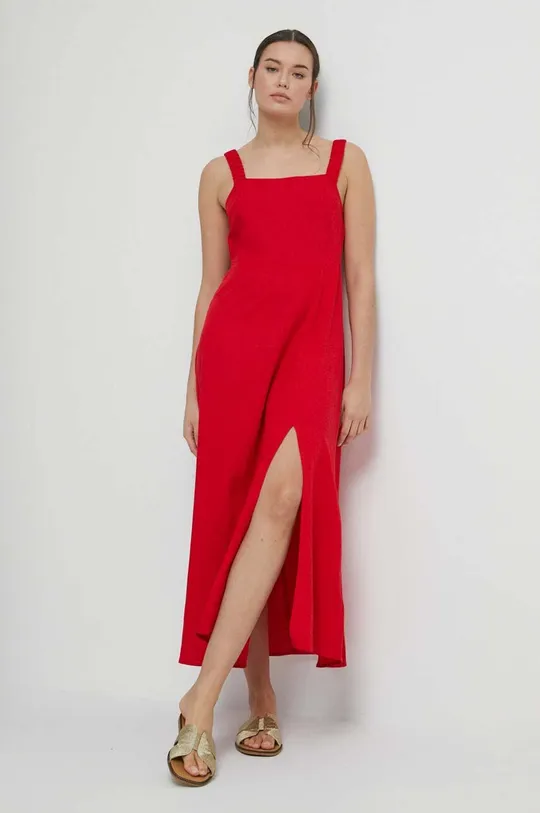 červená Šaty s prímesou ľanu dámske červená farba Dámsky
