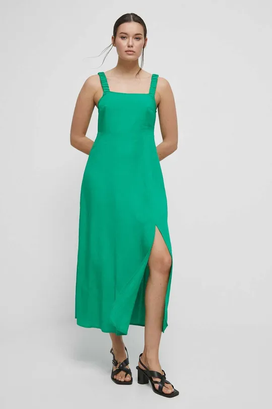 zielony Sukienka z domieszką lnu damska gładka kolor zielony Damski