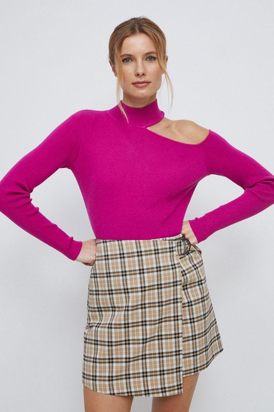 fuksja Sweter damski prążkowany kolor różowy Damski