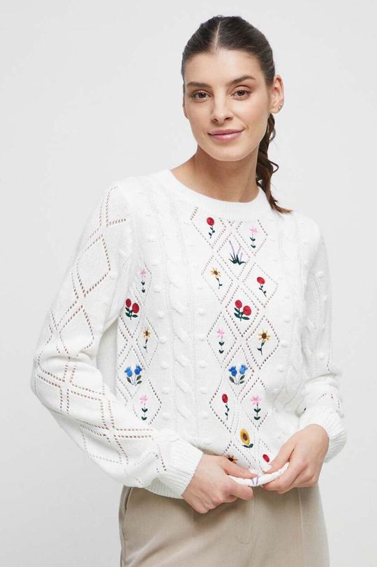 kremowy Sweter damski z ozdobnym haftem kolor beżowy Damski