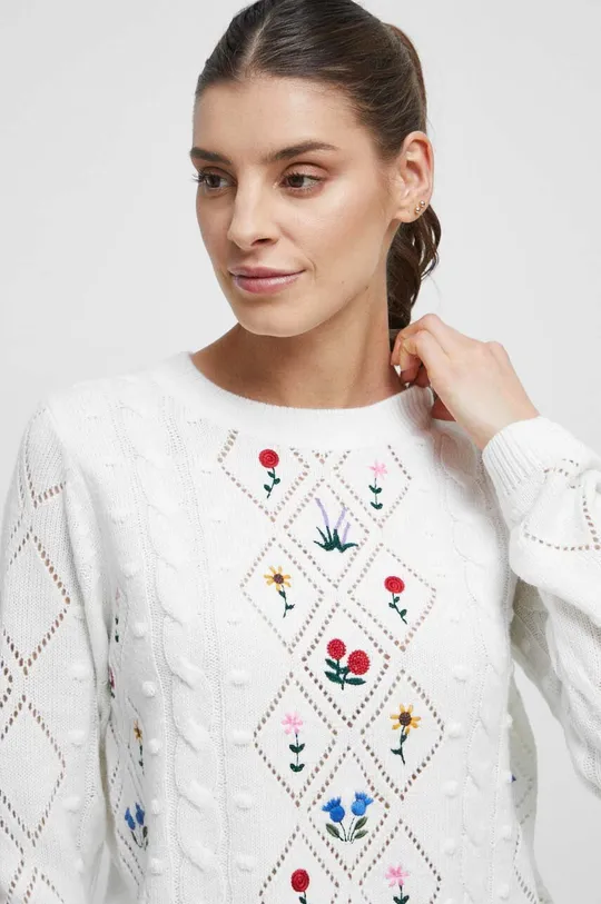 beżowy Sweter damski z ozdobnym haftem kolor beżowy