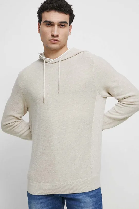 beżowy Sweter bawełniany męski z kapturem kolor beżowy