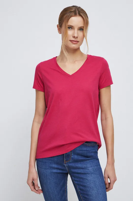 różowy T-shirt bawełniany damski gładki kolor różowy Damski