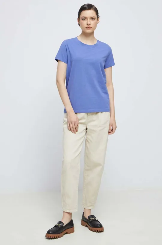 T-shirt bawełniany damski gładki z domieszką elastanu kolor niebieski niebieski