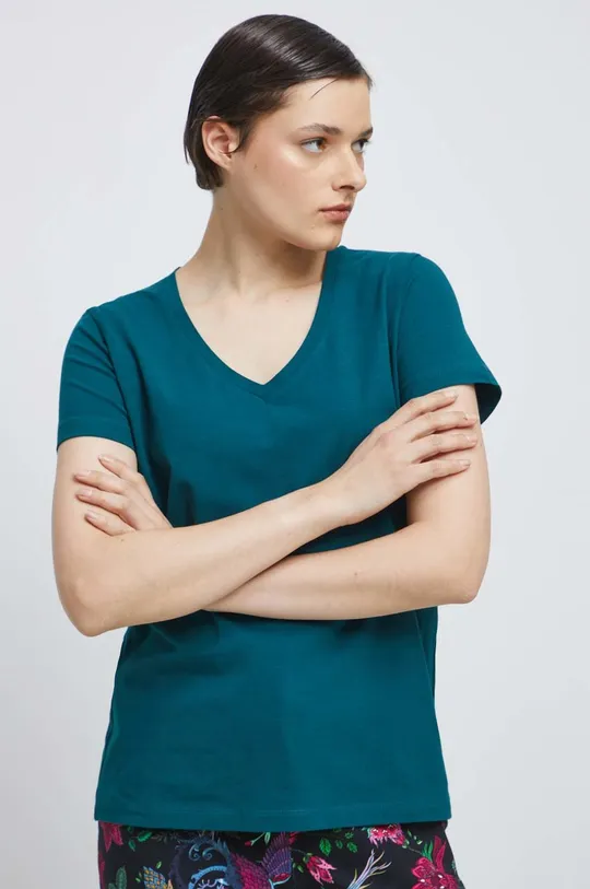 zielony T-shirt bawełniany damski gładki z domieszką elastanu kolor zielony Damski
