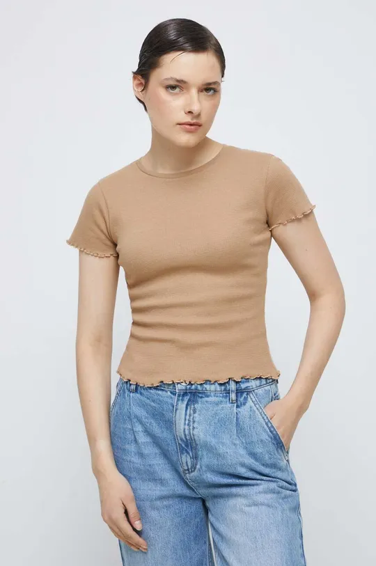 beżowy T-shirt bawełniany damski z fakturą z domieszką elastanu kolor beżowy Damski