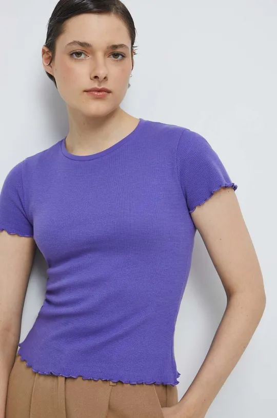 fioletowy T-shirt bawełniany damski z fakturą z domieszką elastanu kolor fioletowy Damski