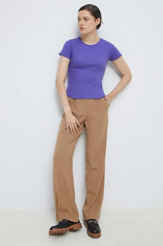 T-shirt bawełniany damski z fakturą z domieszką elastanu kolor fioletowy fioletowy