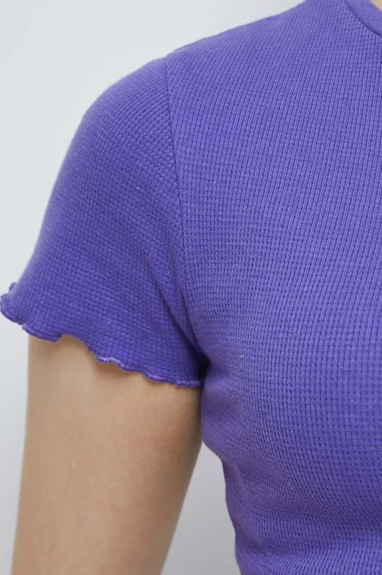 T-shirt bawełniany damski z fakturą z domieszką elastanu kolor fioletowy