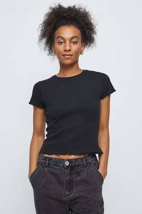 czarny T-shirt damski z fakturą kolor czarny Damski