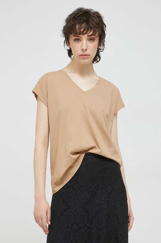T-shirt bawełniany damski gładki kolor beżowy piaskowy